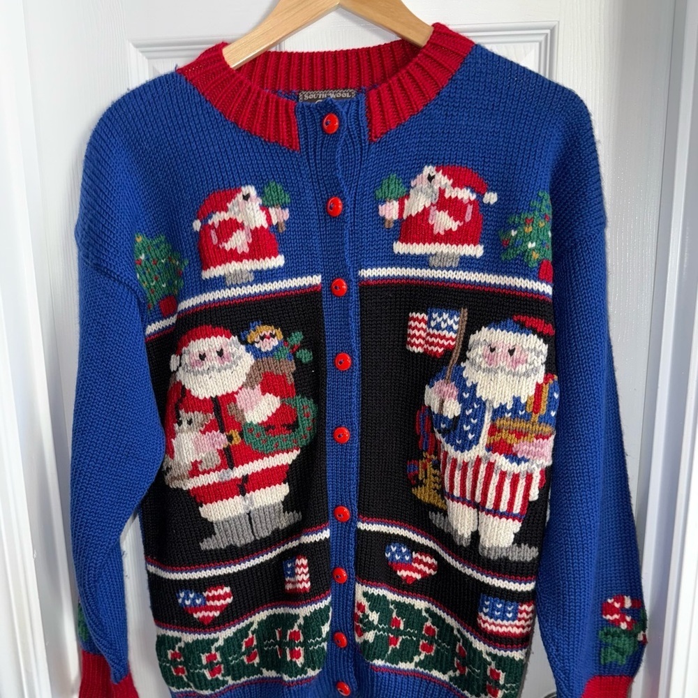 Vintage South Wool Sweater Hand Embroidered Santa Flag Sz L Virgin Wool Holiday